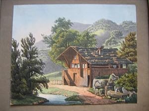 [Maison de paysans à Lauterbrunnen]. Altgouachierte Lithographie, um 1830/1840.