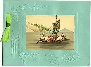 Chinese embossed Christmas card, with cut stamp montage on a watercolor landscape