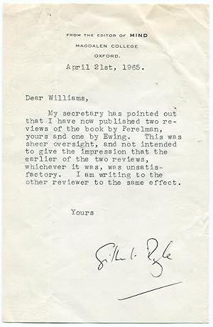 Typed letter, signed, starting 'Dear Williams', dated April 21st, 1965.