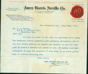 Letter, Typed & Signed, to Mr. D. J. Miller of Stockton, CA, Dated July 20th, 1912.
