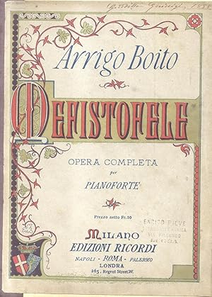 Bild des Verkufers fr MEFISTOFELE (1868). Opera in quattro Atti e un Epilogo. Riduzione per Pianoforte di M.Saladino. timbro a secco Maggio 1910 (Pl.n44890). zum Verkauf von studio bibliografico pera s.a.s.