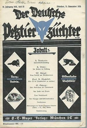 Imagen del vendedor de Der deutsche Pelztierzchter (Deutsche Pelztierzchter-Zeitung). Zeitschrift zur Frderung und Hebung der landwirtschaftlichen Pelztierzucht. Amtliches Pflichtorgan der Reichsfachgruppe Pelztierzchter e.V., Sitz Berlin, angegliedert an den Reichsnhrstand. Jahrgang 10, Heft 22, November 1935. a la venta por Antiquariat Carl Wegner