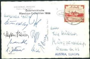 Ansichtskarte mit 8 eighd. Signaturen der Teilnehmer der Expedition. U. a. Piffl, Ebner, Roiss, M...