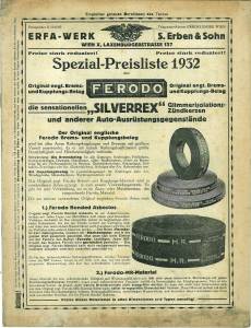 ERFA-WERK. Spezial-Preisliste 1932. Ferodo Original engl. Brems- und Kupplungsbelag.