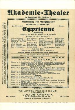 Bild des Verkufers fr Cyprienne. Programmheft u. Programmzettel des Akademietheaters Wien v. 22. Februar 1927. Mitwirkende: Fred Hennings, Maria Mayen, Ferdinand Mussi, Paul Pranger u.a. zum Verkauf von Antiquariat Weinek