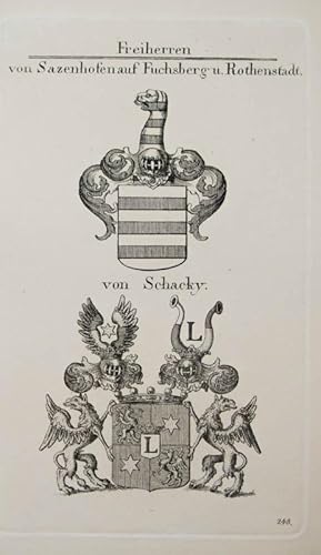 Bild des Verkufers fr Kupferstich von Tyroff mit 2 Wappen auf einem Blatt. Freiherren. Von Sazenhofen auf Fuchsberg u. Rothenstadt. Von Schacky. zum Verkauf von Antiquariat Thomas Rezek