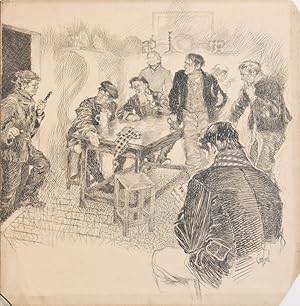 Original drawing of a tavern scene depicting seven men, an eighth just entering