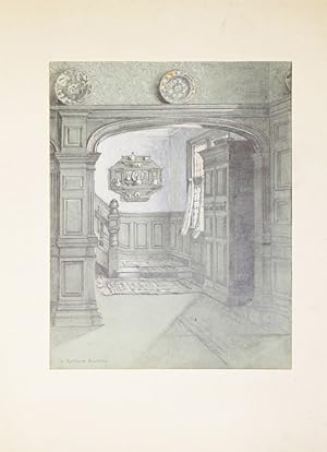 Original drawing of a spacious domestic panelled hallway, stairwell and sunlit window