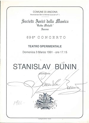 Firma autografa del pianista al frontespizio del Programma di sala del 696° concerto della Societ...