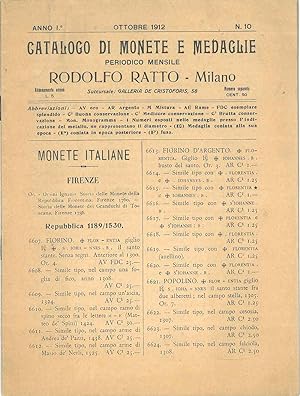 Catalogo di monete e medaglie. Periodico mensile di Rodolfo Ratto. Milano. Anno I°, ottobre 1912,...