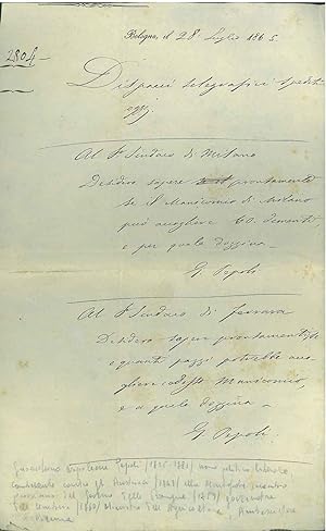 Carta verdina datata: "Bologna, il 28 luglio 1868"
