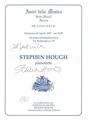 Firma autografa del pianista al frontespizio del Programma di sala del 762° concerto degli Amici ...