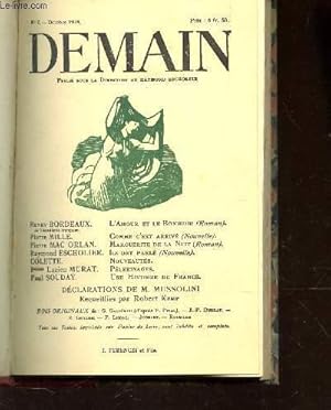 Imagen del vendedor de DEMAIN - N7 - OCTOBRE 1924 / L'AMOUR ET LE BONHEUR - COMME C'EST ARRIVE - MAERGUERITE DE LA NUIT - ILS ONT PARLE - PELERINAGFES - UNE HISTOIRE DE FRANCE - DECLARATIONS DE M. MUSSOLINI . a la venta por Le-Livre