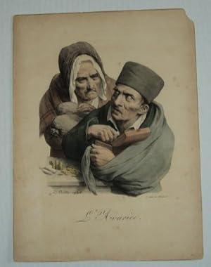 "L'AVARICE". A vintage color lithograph by Boilly