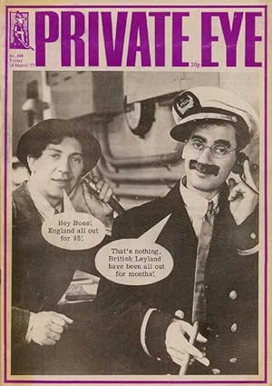 Bild des Verkufers fr Private Eye magazine. No. 398. Friday 18 March 1977. Front cover: MARX BROTHERS & BRITISH LEYLAND zum Verkauf von SAVERY BOOKS