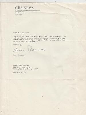 Bild des Verkufers fr Typed letter signed, dated 1968 on CBS News letterhead zum Verkauf von Old Book Shop of Bordentown (ABAA, ILAB)