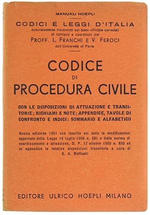 Imagen del vendedor de CODICE DI PROCEDURA CIVILE con le disposizioni di attuazione e transitorie; richiami e note; appendice, tavole di confronto e indice sommario.: a la venta por Bergoglio Libri d'Epoca