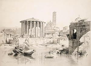 Lithographie von Karl Lindemann-Frommel. Blick vom Tiber zum Rundtempel des Hercules Victor und d...