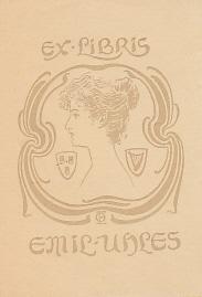 Exlibris für Emil Uhles. Motiv: Frauenkopf im Profil nach links. Buchdruck, 7 x 5,5 cm, o. J.