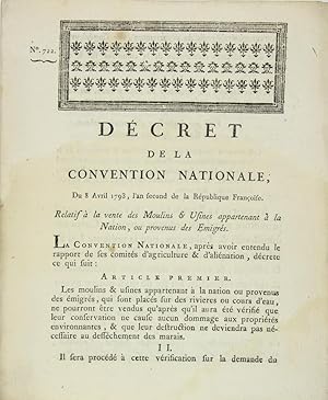 Décret n°722 de la Convention Nationale du 8 avril 1793, l?an second de la République. RELATIF A ...