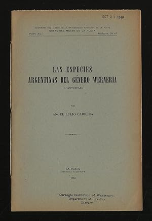 Bild des Verkufers fr Las Especies Argentinas Del Genero Werneria (Compositae) zum Verkauf von Between the Covers-Rare Books, Inc. ABAA