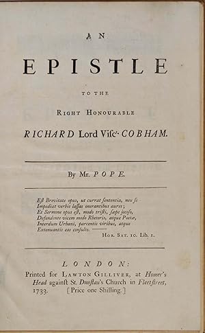 AN EPISTLE TO THE RIGHT HONOURABLE RICHARD LORD VISCT. COBHAM. Of the Knowledge and Characters of...