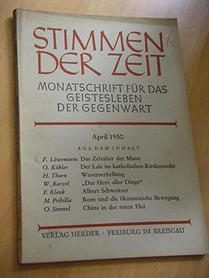 Seller image for Stimmen der Zeit. Monatsschrift fr das Geistesleben der Gegenwart. Band 146, Jahrgang 75, Heft 7, April 1950 for sale by Versandantiquariat Rainer Kocherscheidt