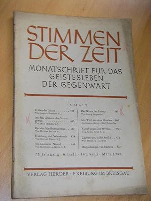 Imagen del vendedor de Stimmen der Zeit. Monatsschrift fr das Geistesleben der Gegenwart. Band 141, Jahrgang 73, Heft 6, Mrz 1948 a la venta por Versandantiquariat Rainer Kocherscheidt