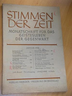 Imagen del vendedor de Stimmen der Zeit. Monatsschrift fr das Geistesleben der Gegenwart. Band 143, Jahrgang 74, Heft 4, Januar 1949 a la venta por Versandantiquariat Rainer Kocherscheidt