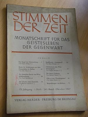 Imagen del vendedor de Stimmen der Zeit. Monatsschrift fr das Geistesleben der Gegenwart. Band 141, Jahrgang 73, Heft 1, Oktober 1947 a la venta por Versandantiquariat Rainer Kocherscheidt