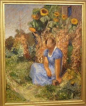 Bild des Verkäufers für Sitzende im blühendem Garten. Oel auf Leinwand. zum Verkauf von Biblion Antiquariat