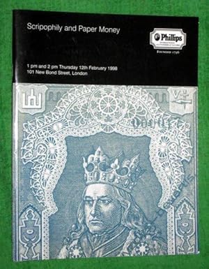 Scripophily and Paper Money 12th February 1998 Phillips Auction Catalogue. Catalog. Reduced P&P o...
