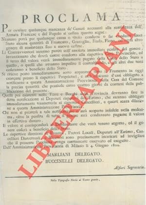 Obbligo di non condurre fuori dallo Stato alcuna quantità di Frumento, Granaglia, Biada, Fieno ed...