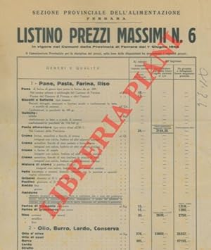 Listino prezzi massimi in vigore nei Comuni della Provincia di Ferrara dal 1° giugno 1946.