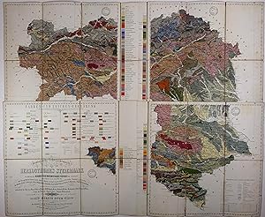 Bild des Verkufers fr Geologische Uebersichtskarte des Herzogthumes Steiermark im Auftrage des Geognostisch Montanistischen Vereines Steiermark nach den Aufnahmen aus den Jahren 1847-1862 der Herren Vereins-Commissre:. und den Arbeiten der k.k. geologischen Reichsanstalt. zusammengestellt, in den Jahren 1863-1864 rectificirt und neubegangen von Dionys Stur. Mehrf. gef., farblithogr. Karte mit Farben- und Zeichen-Erklrung aus der lith. Anstalt v. Theodor Schneider in 4 Blttern zu je 8 Segmenten auf Lwd. aufgezogen. Graz, geogn. mon. Verein 1865. (je Blatt 41,5 x 48 cm). zum Verkauf von Antiquariat Johannes Mller