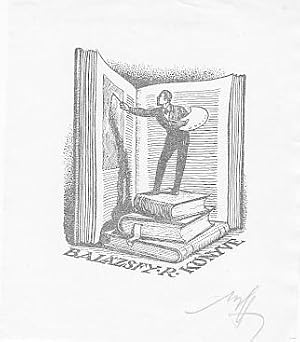 Exlibris. Motiv: Auf Büchern männliche Person mit Pinsel und Palette stehend, in übergroßes, steh...