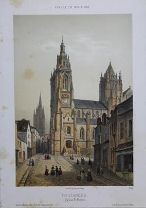 A fine Original Antique Hand Coloured Lithograph Print Illustrating Coutances Eglise St. Pierre i...