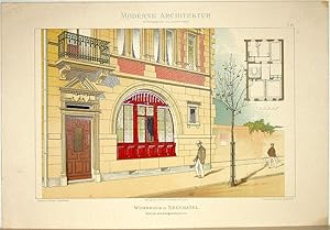 Bild des Verkufers fr Wohnhaus in Neuchtel. Detail des Erdgeschosses [ausgefhrt von Prince u. Colomb, Architekten]. Tafel 14 aus: Moderne Architektur. Ausgefhrte stdtische Wohngebude, Geschfts- und Einfamilienhuser, Villen mit ihren Nebenbauten, interessante Details und Innenansichten, Holz- und Zierbauten, Grundrisse etc. etc. in farbiger Darstellung. Herausgegeben von Lambert & Stahl Architekten in Stuttgart. zum Verkauf von Antiquariat Fluck