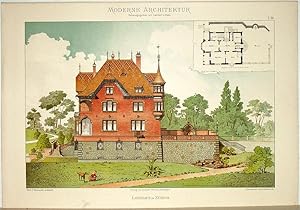 Bild des Verkufers fr Landhaus in Zrich. [Ausgefhrt von Prof. F. Bluntschli, Architekt]. Tafel 58 aus: Moderne Architektur. Ausgefhrte stdtische Wohngebude, Geschfts- und Einfamilienhuser, Villen mit ihren Nebenbauten, interessante Details und Innenansichten, Holz- und Zierbauten, Grundrisse etc. etc. in farbiger Darstellung. Herausgegeben von Lambert & Stahl Architekten in Stuttgart. zum Verkauf von Antiquariat Fluck