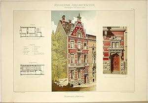 Bild des Verkufers fr Wohnhaus in Brssel. [Ausgefhrt von J. Brunfaut, Architekt]. Tafel 64 aus: Moderne Architektur. Ausgefhrte stdtische Wohngebude, Geschfts- und Einfamilienhuser, Villen mit ihren Nebenbauten, interessante Details und Innenansichten, Holz- und Zierbauten, Grundrisse etc. etc. in farbiger Darstellung. Herausgegeben von Lambert & Stahl Architekten in Stuttgart. zum Verkauf von Antiquariat Fluck