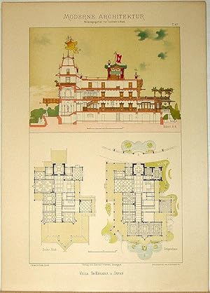 Bild des Verkufers fr Villa To Kugawa in Japan. [Ausgefhrt von J. Gross Architekt, Zrich]. Tafel 47 aus: Moderne Architektur. Ausgefhrte stdtische Wohngebude, Geschfts- und Einfamilienhuser, Villen mit ihren Nebenbauten, interessante Details und Innenansichten, Holz- und Zierbauten, Grundrisse etc. etc. in farbiger Darstellung. Herausgegeben von Lambert & Stahl Architekten in Stuttgart. zum Verkauf von Antiquariat Fluck