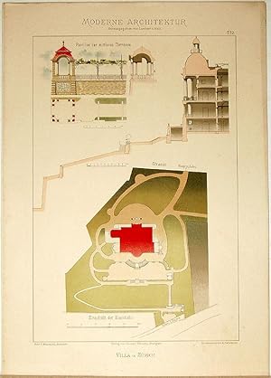 Bild des Verkufers fr Villa in Zrich. [Ausgefhrt von Prof. F. Bluntschli, Architekt]. Tafel 52 aus: Moderne Architektur. Ausgefhrte stdtische Wohngebude, Geschfts- und Einfamilienhuser, Villen mit ihren Nebenbauten, interessante Details und Innenansichten, Holz- und Zierbauten, Grundrisse etc. etc. in farbiger Darstellung. Herausgegeben von Lambert & Stahl Architekten in Stuttgart. zum Verkauf von Antiquariat Fluck