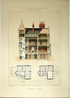 Bild des Verkufers fr Wohnhaus in London. [Ausgefhrt von Burges, Architekt]. Tafel 90 aus: Moderne Architektur. Ausgefhrte stdtische Wohngebude, Geschfts- und Einfamilienhuser, Villen mit ihren Nebenbauten, interessante Details und Innenansichten, Holz- und Zierbauten, Grundrisse etc. etc. in farbiger Darstellung. Herausgegeben von Lambert & Stahl Architekten in Stuttgart. zum Verkauf von Antiquariat Fluck