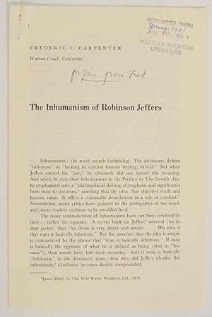Bild des Verkufers fr The Inhumanism of Robinson Jeffers (Signed) zum Verkauf von Jeff Hirsch Books, ABAA