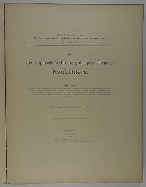 Bild des Verkufers fr Die geographische Verbreitung der jetzt lebenden Raubthiere. Halle u. Dresden, E. Blochmann & Sohn 1894. 4. 4 Bll., 397 S., mit 21 farblithogr. Karten auf 18 (dpblgr.) Tafeln, OHlwd. zum Verkauf von Antiquariat Johannes Mller