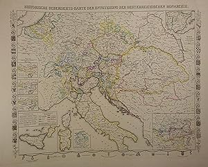 Seller image for Historisch-geographisches Tableau des sterreichischen Kaiserstaates, eine bersichtliche Darstellung der Geschichte dieses Staates, seiner Gebietsvernderungen, Wappen und Orden, nebst der Stammtafel der sterr. Regenten. sammt der dazugehrigen historischen Karte. Wien, Fr. Beck 1840. Quer Imp.-fol. 3 nn. Bll. mit 1 grenzkol. Kupferstich-Karte, OUmschl. for sale by Antiquariat Johannes Mller