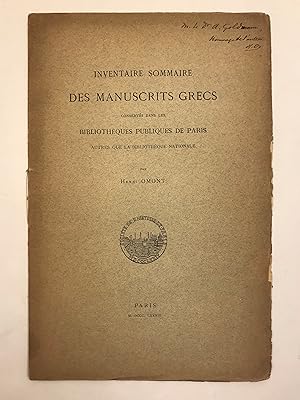Inventaire Sommaire Des Manuscrits Grecs ConservesDans Les Bibliotheques Publiques De Paris. Autr...