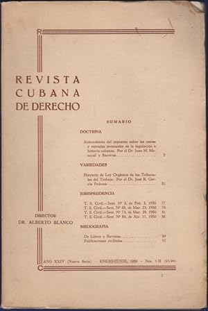 Bild des Verkufers fr Revista Cubano de Derecho. Ao XXIV (Nueva Serie). Enero-junio, 1950. Nos. I-II (93-94) zum Verkauf von Kaaterskill Books, ABAA/ILAB