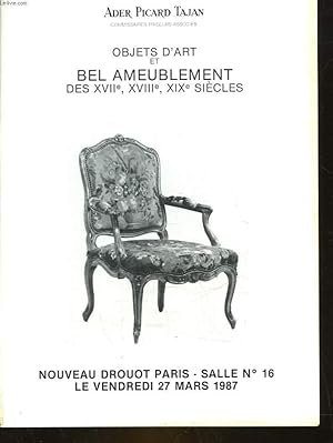 Bild des Verkufers fr 1 CATALOGUE DE VENTE AUX ENCHERES - OBJETS D'ART ET BEL AMEUBLEMENT DES 17, 18 ET 19 SIECLES zum Verkauf von Le-Livre