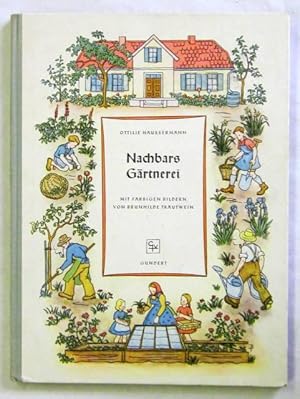 Imagen del vendedor de Nachbars Grtnerei. Was es bei Meister Simon zu sehen und zu lernen gibt. Stuttgart, Gundert, 1950. Gr.-8vo. Durchgehend farbig illustriert von Brunhilde Trautwein. 35 S., 2 Bl. Farbiger Or.-Hlwd. (Blick in die Welt). - Mck 4418. - Erste Ausgabe. a la venta por Jrgen Patzer